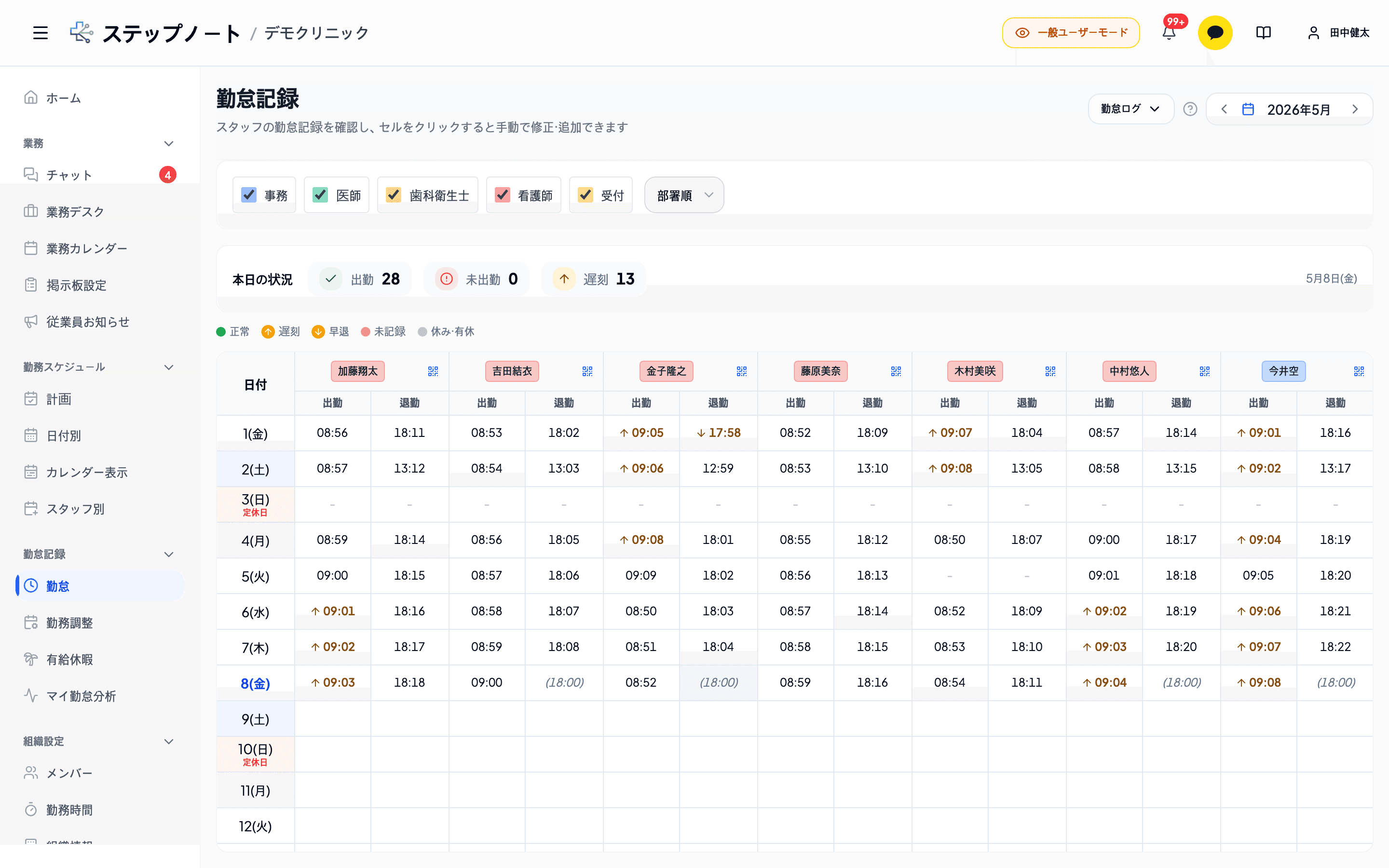 StepNote 勤怠記録画面